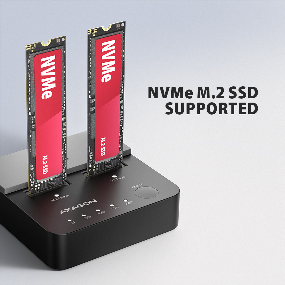 AXAGON | USB-C 20Gbps docking station for 2× M.2 NVMe SSD with disk cloning function without PC | ADSA-M2C22L