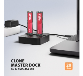 AXAGON | USB-C 20Gbps docking station for 2× M.2 NVMe SSD with disk cloning function without PC | ADSA-M2C22L
