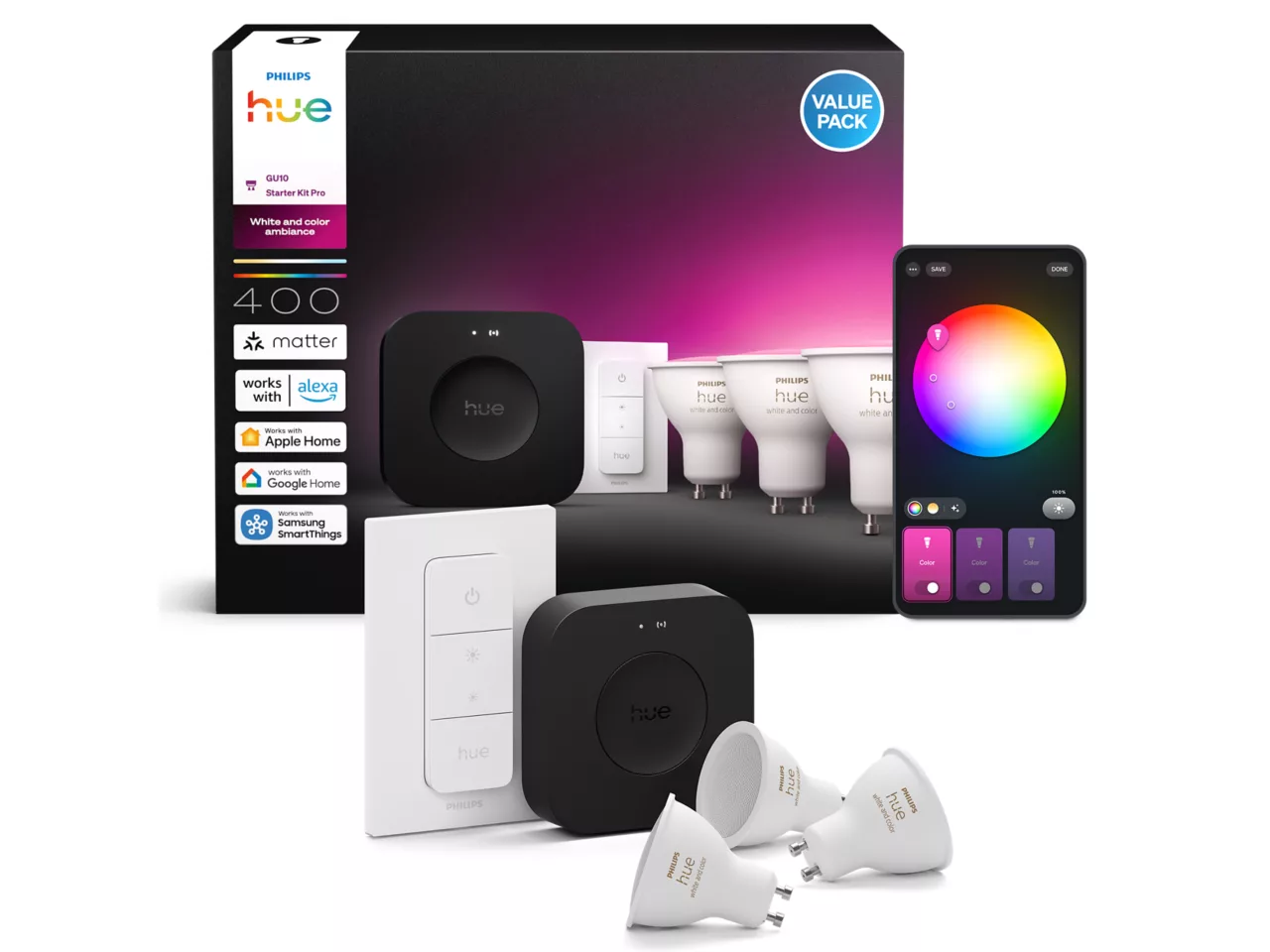 Philips Hue Starter set: 3 GU10 bulbs, dimmer switch, Hue Bridge Pro | GU10 | Zigbee, Wi-Fi, Bluetooth
