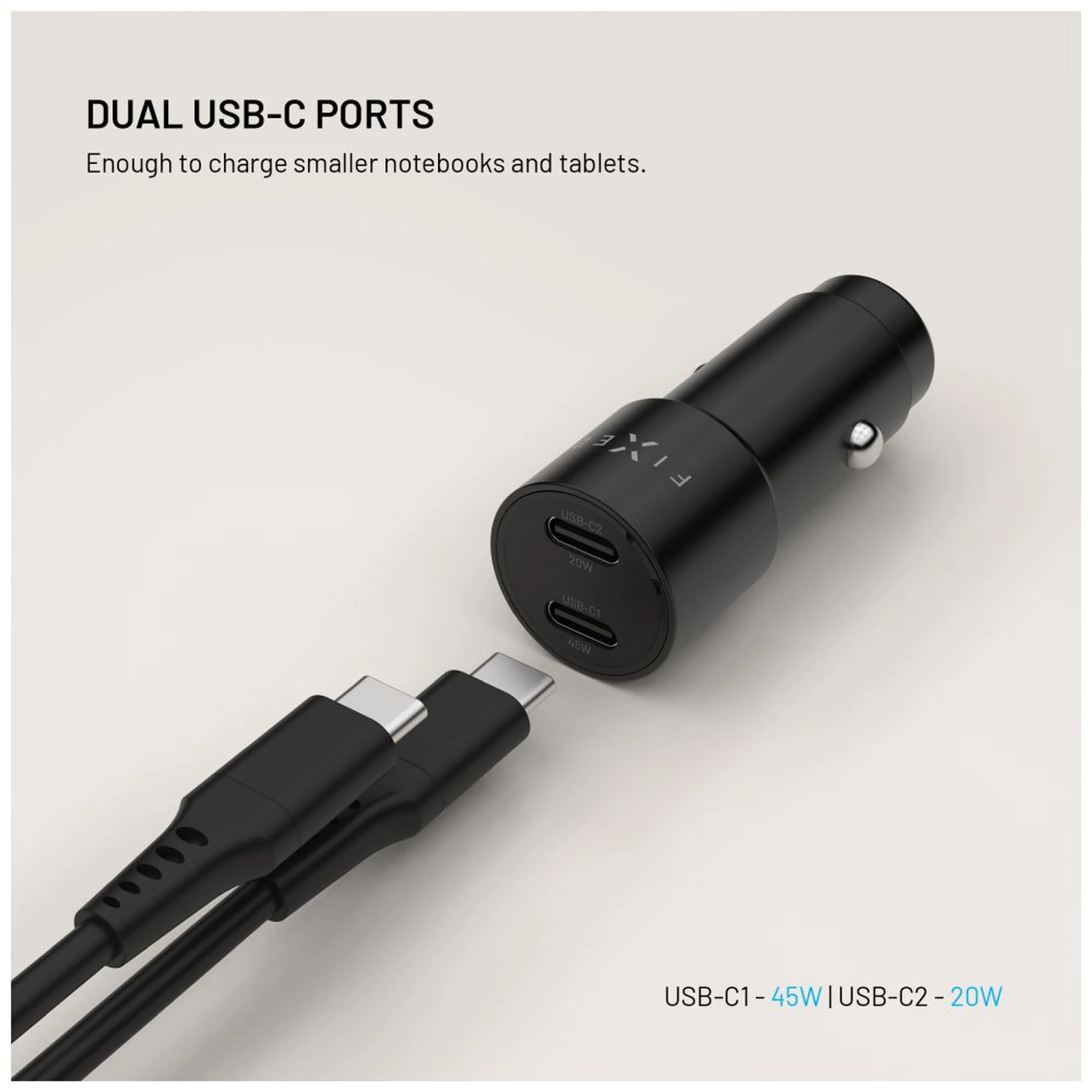 Fixed Dual USB-C Car Charger, 65W, PD 3.0