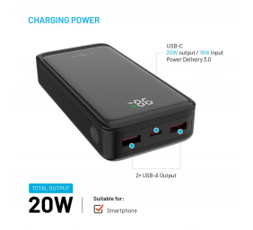 Fixed Power Bank Zen2 20 with LCD Display and PD 20W Output | 20000 mAh | Black