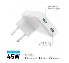 Fixed Slim 2xUSB-C Travel Charger, GaN, PD support