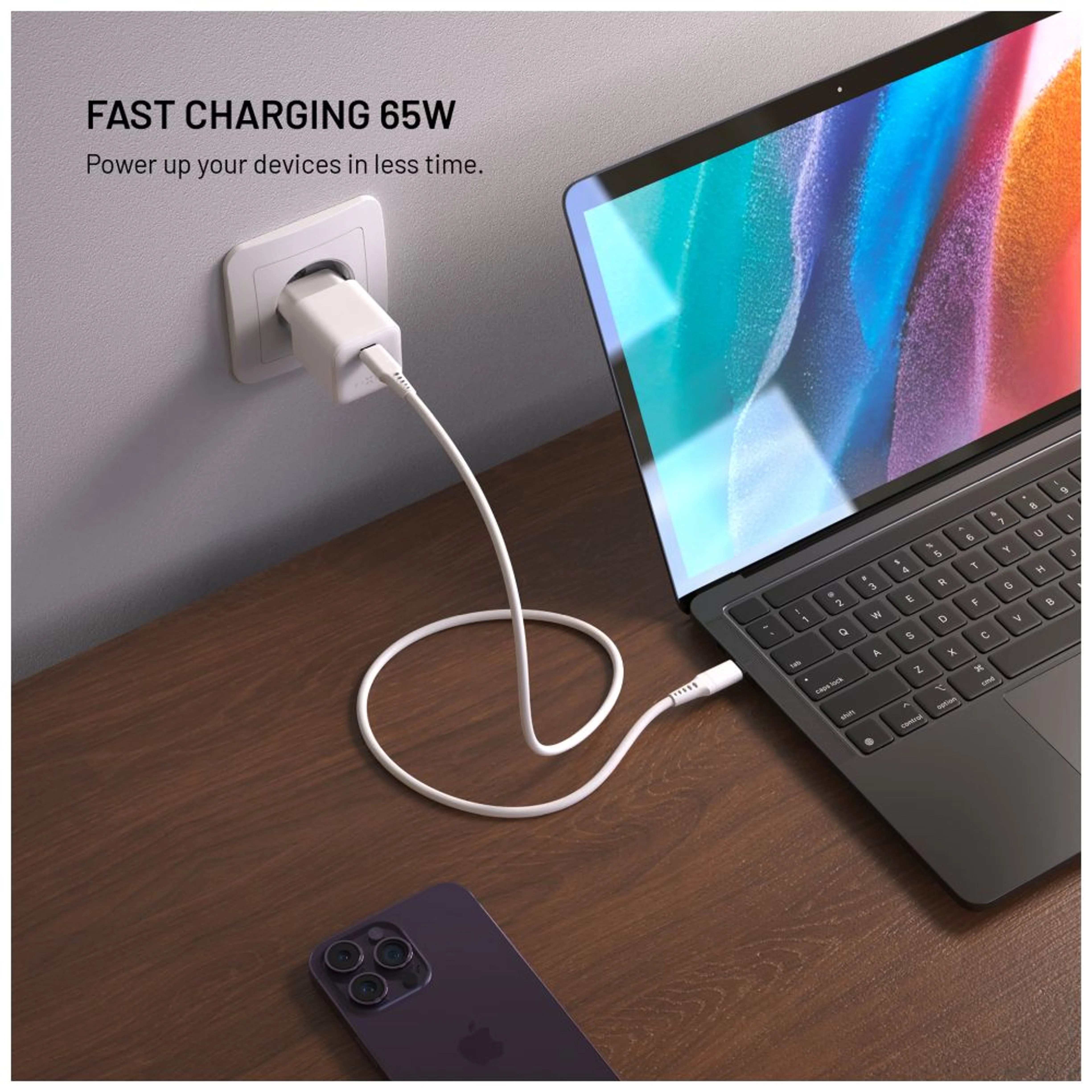 Fixed Mini GaN power adapter with USB-C output and PD support, 65W