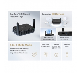 Mercusys AX3000 Travel Router | MR84X-Travel | 802.11a | 574/2402 Mbit/s | 10/100/1000 Mbit/s | Ethernet LAN (RJ-45) ports 1 | Mesh Support No | MU-MiMO No | No mobile broadband | Antenna type External Omni-directional | 1