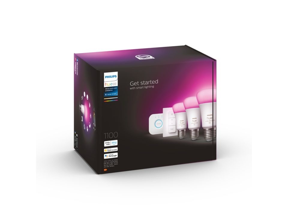 Hue WCA Starter Kit 9W A60 E27, 3pcs, Bridge, Switch | E27 | 9 W | RGBW 2000-6500K | Bluetooth and Zigbee