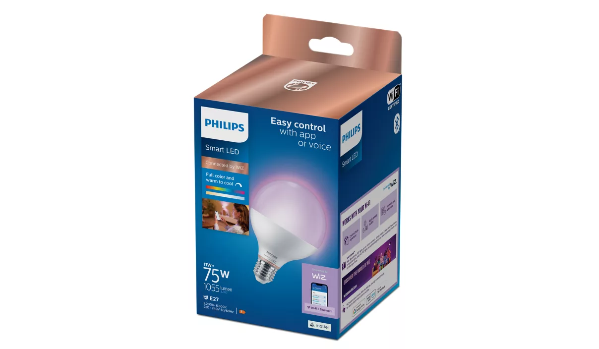 Philips Smart WFB 75W G95 822-65 RGB 1PF/6 | E27 | 11 W | Warm to cool white light | Bluetooth, Wi-Fi
