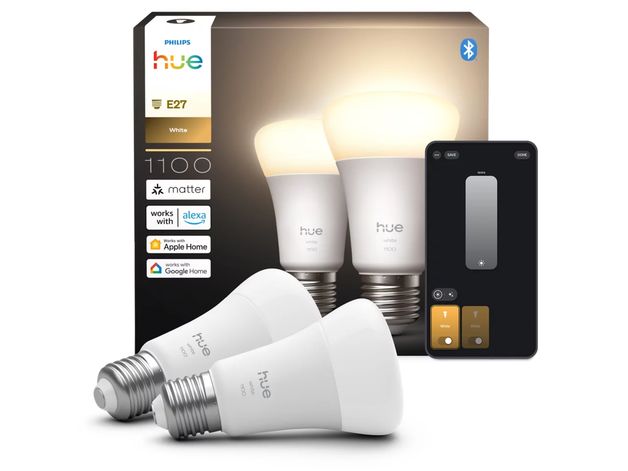 Philips Hue W 1100 A60 2P EU | E27 | 9.5 W | Soft white light | Bluetooth and Zigbee