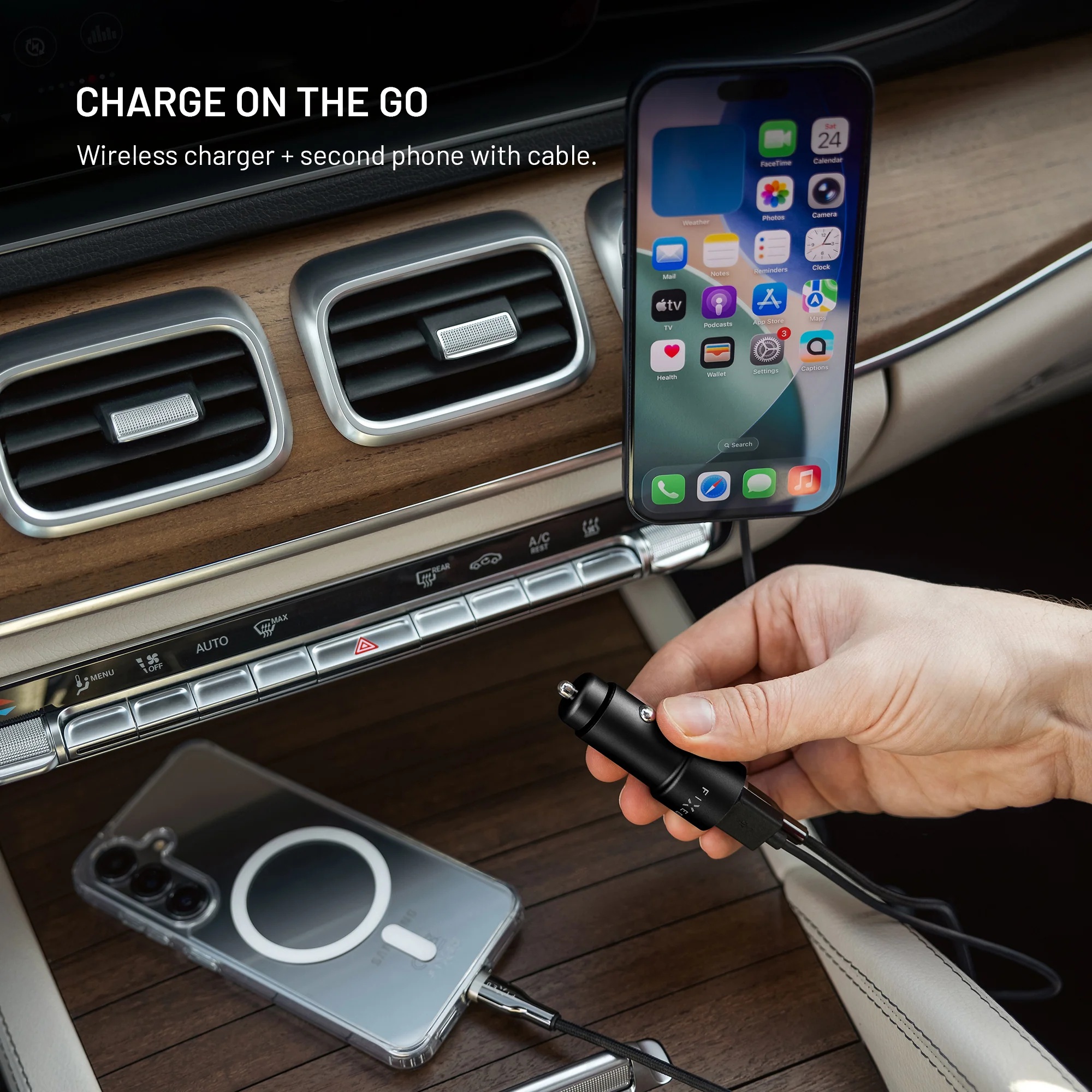 Fixed USB-C/USB-A Car Charger, 63W, PD 3.0