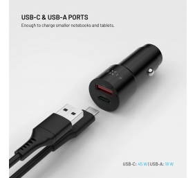 Fixed USB-C/USB-A Car Charger, 63W, PD 3.0