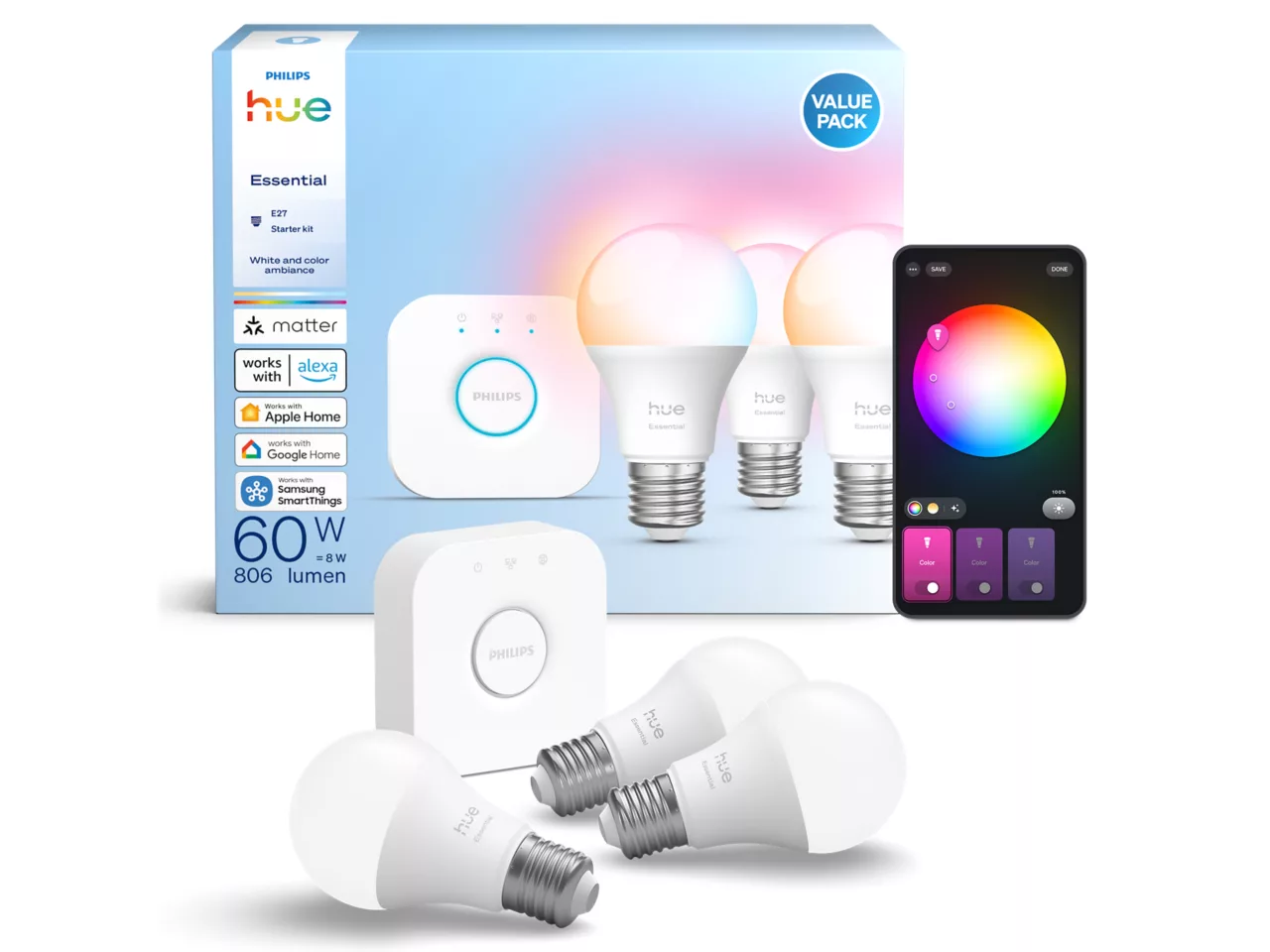 Philips Hue E WCA 806 A60 E27 3kit EU | E27 | 8 W | 16 million colours, White and colour light