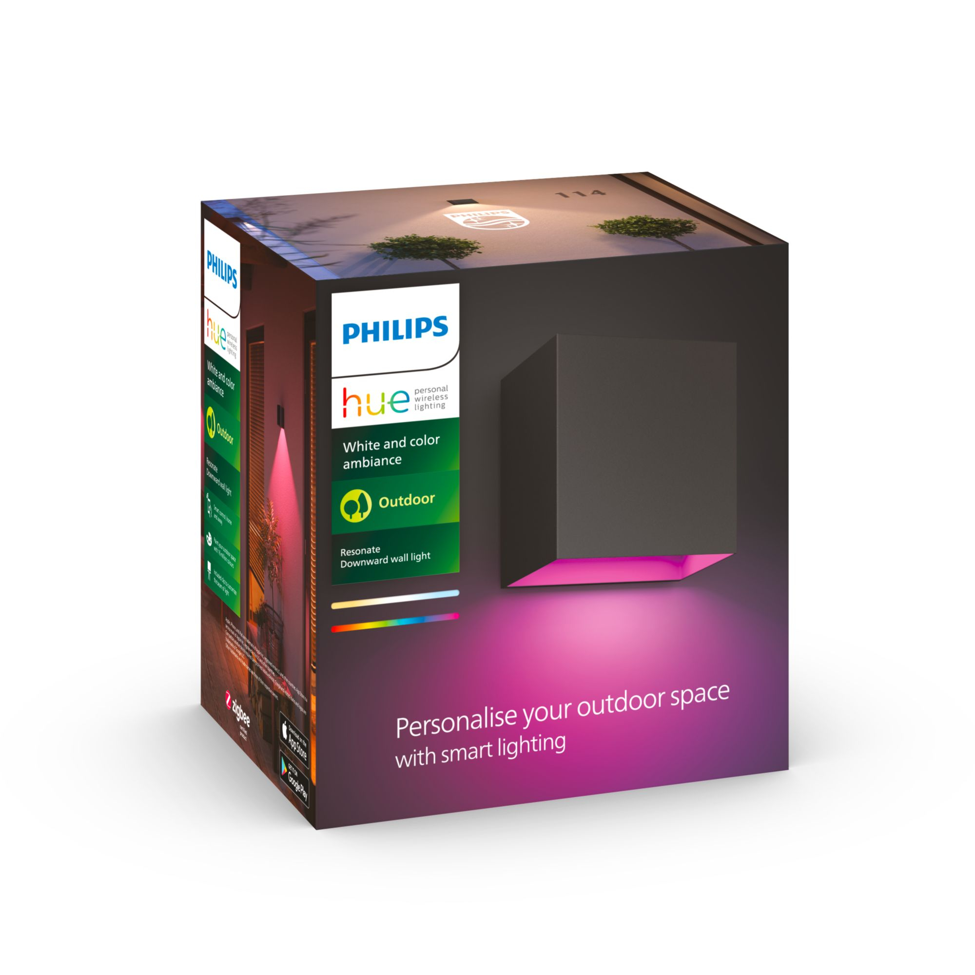 Philips Hue WCA Resonate Outdoor Downward Wall Lantern, Black | 8 W | 2000-6500 Hue White Colour Ambiance