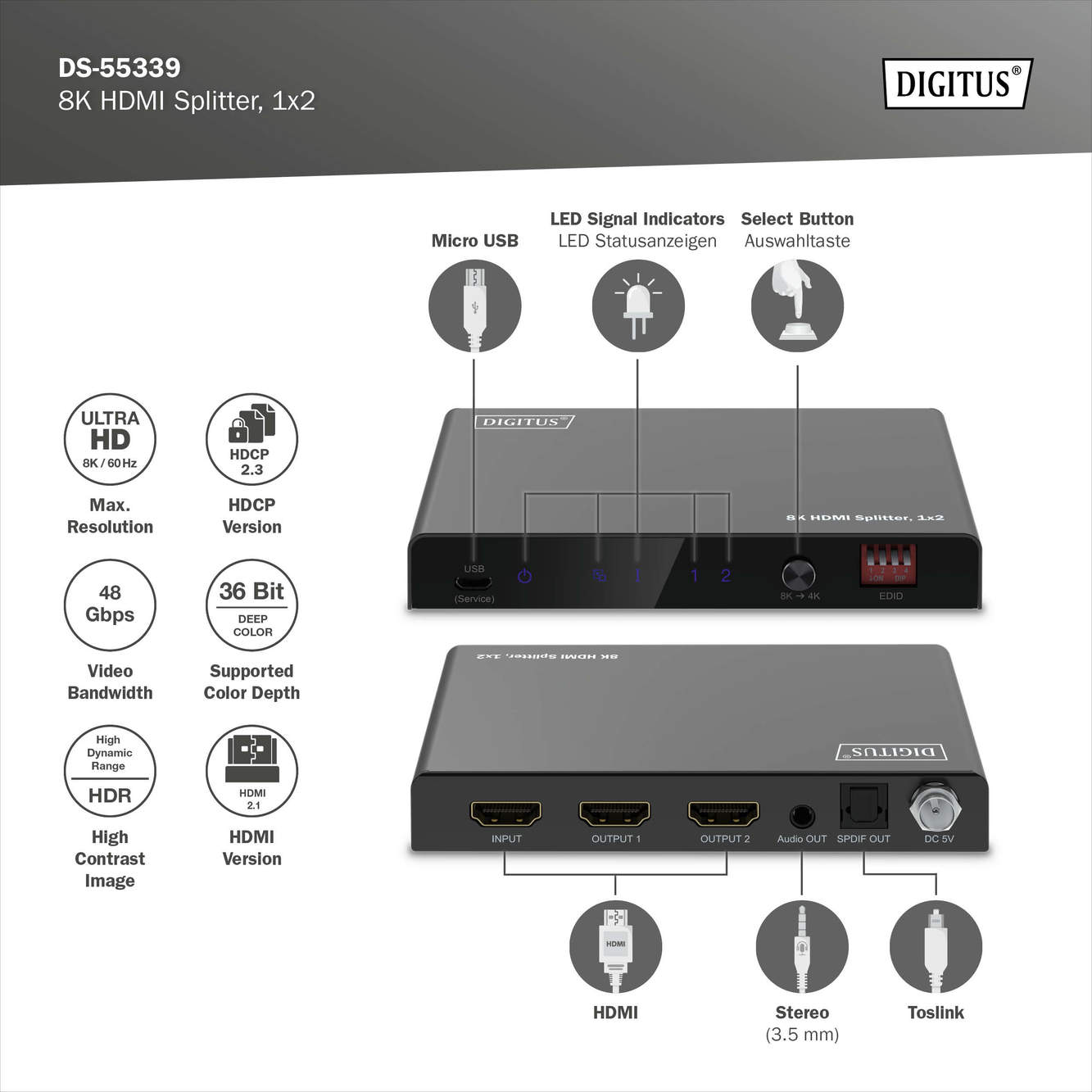 Digitus 8K HDMI Splitter, 1x2 | DS-55339 | Black
