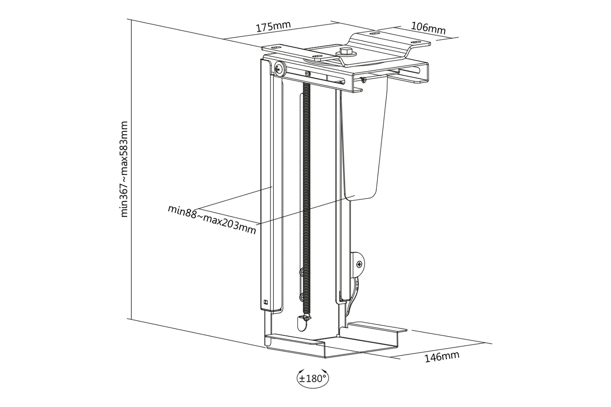 PC Table Mount | DA-90411 | Height adjustment 30-51 cm | Steel | Black