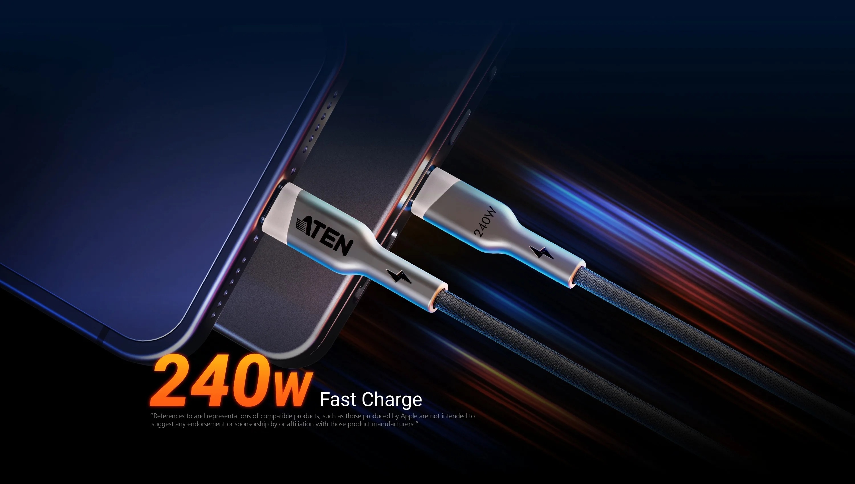Aten 240W USB-C to USB-C Braided Charging Cable, 1 m | 2L-3101P240 | USB-C to USB-C