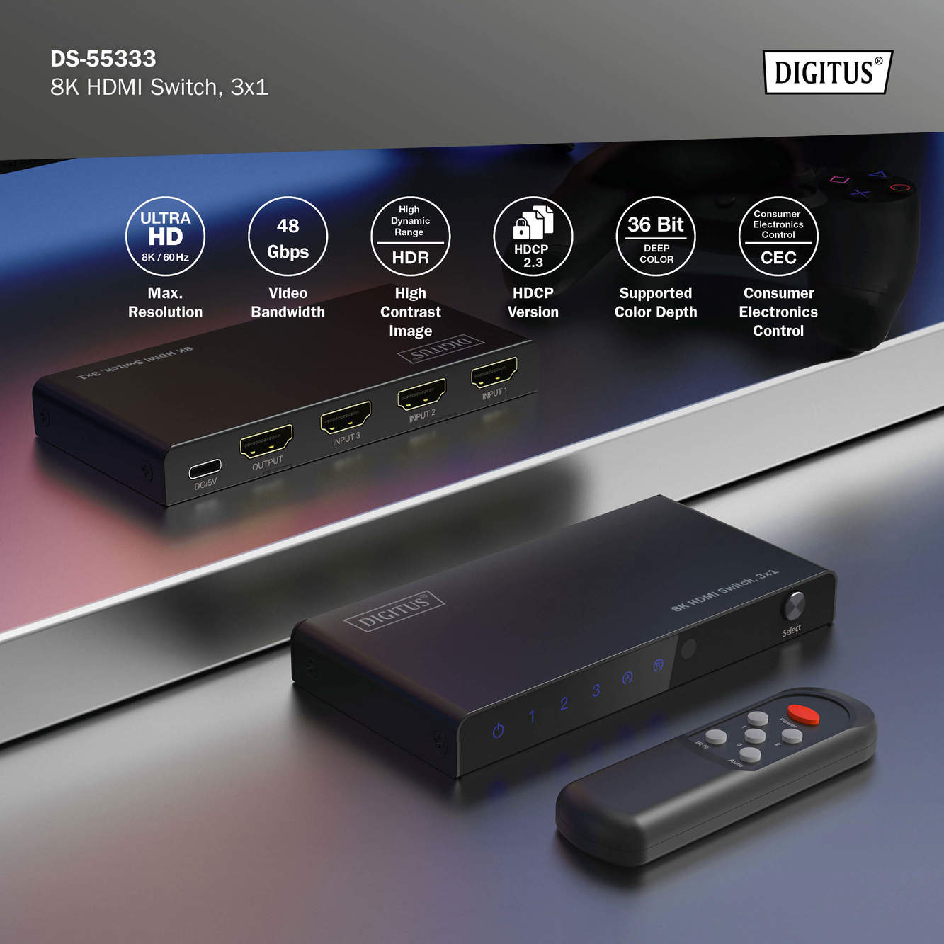 Digitus 8K HDMI Switch, 3x1 | DS-55333 | Black