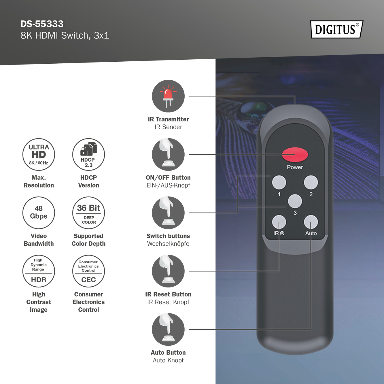 Digitus 8K HDMI Switch, 3x1 | DS-55333 | Black