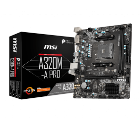 MSI | A320M-A PRO | Processor family AMD | Processor socket AM4 | DDR4 | Memory slots 2 | Supported hard disk drive interfaces SATA | Number of SATA connectors 4 | Chipset AMD A320 | m-ATX