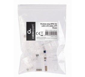 Modular plug 8P8C for solid LAN cable CAT5, UTP, 10 pcs. per bag | Modular 8P8C RJ45 plug, 30u” gold plated, 3-fork internal contacts for use with solid LAN cables