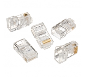 Modular plug 8P8C for solid LAN cable CAT5, UTP, 10 pcs. per bag | Modular 8P8C RJ45 plug, 30u” gold plated, 3-fork internal contacts for use with solid LAN cables
