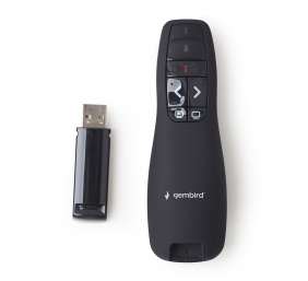 Gembird | Wireless presenter with laser pointer | WP-L-02 | Black | Depth 25 mm | Height 105 mm | Red laser pointer. 4 buttons to control most used PowerPoint presentation functions. Interface: USB. Presenter control distance: up to 10 m. | Yes | Weight 8
