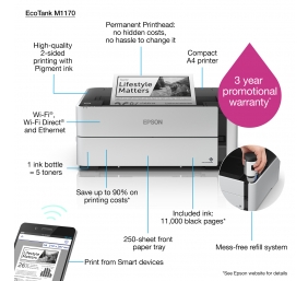 Epson EcoTank M1170 | Mono | Inkjet | Inkjet Printer | Wi-Fi | Maximum ISO A-series paper size A4 | White
