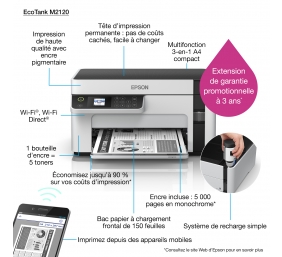 Epson EcoTank M2120 Spausdintuvas rašalinis nespalvotas MFP A4 32 ppm USB Wi-Fi