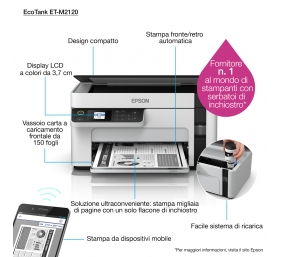 Epson EcoTank M2120 Spausdintuvas rašalinis nespalvotas MFP A4 32 ppm USB Wi-Fi