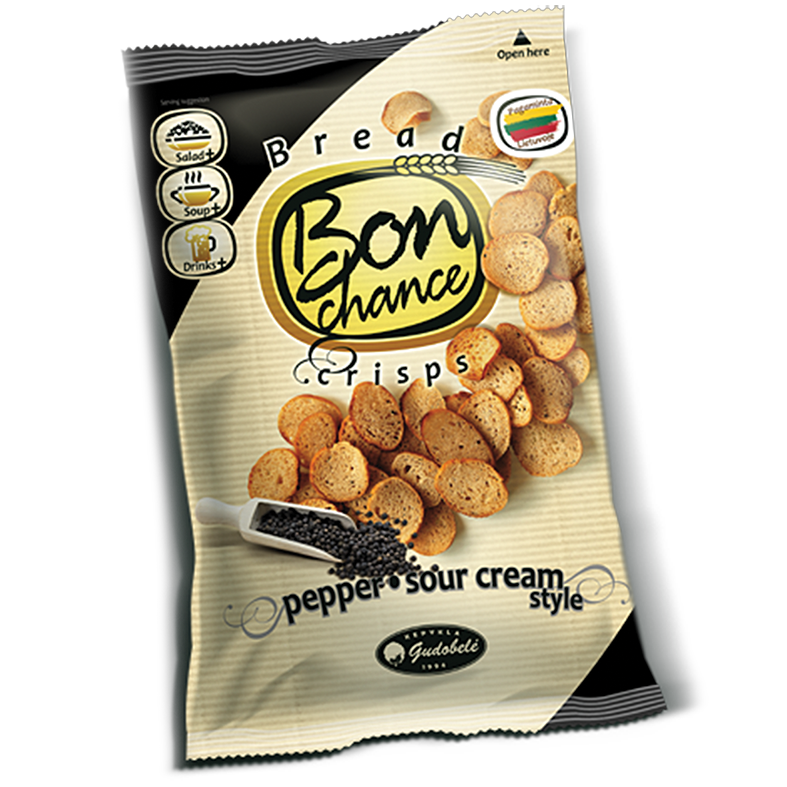 Duonos traškučiai "Bon chance" juodųjų pipirų ir grietinės skonio, 12 pak. po 120g 