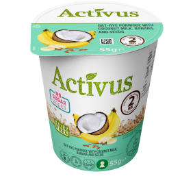 Greitai paruošiama avižų-rugių su kokoso pienu,  bananais ir sėklomis košė su persikais "Activus" indelyje, 16 pak. po 55g 