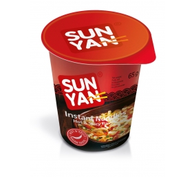 Greitai paruošiami makaronai aštraus skonio "Sun yan" indelyje, 16 pak. po 65g 