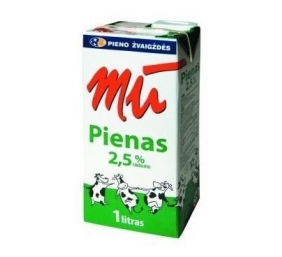 Pienas MŪ, pasterizuotas, 2.5 rieb., 1l x 12vnt.