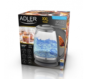 Adler | Kettle | AD 1286 | Standard | 2200 W | 2 L | Plastic/Glass | 360° rotational base | Grey/ transparent