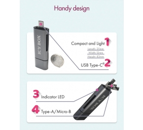 Icy box IB-CR200-C  SD/MicroSD (TF) USB 2.0 card reader with Type-C and -A to micro USB (OTG) interface, anthracite | Raidsonic | External card reader with multi-USB connector | External | Micro SDHC, Micro SDXC, microSD 3.0 UHS-I SD, SDHC, SDXC, SD 2.0 U