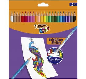 BIC Spalvoti pieštukai su trintuku Kids Evolution Illusion 24 spalvų rinkinys