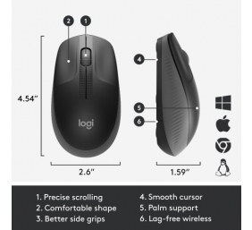 Logitech M190 Full-Size Belaidė pelė, RF Wireless, 1000 DPI, Charcoal