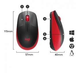 Logitech M190 Full-Size Belaidė pelė, RF Wireless, 1000 DPI, Raudona